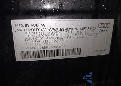 2008 Audi A4 2.0T z USA, uszkodzony, nr VIN WAUDF78E98A045627